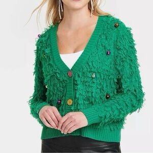 Ugly Christmas Cardigan Green Textured Loop Knit Sweater with Ornaments M
